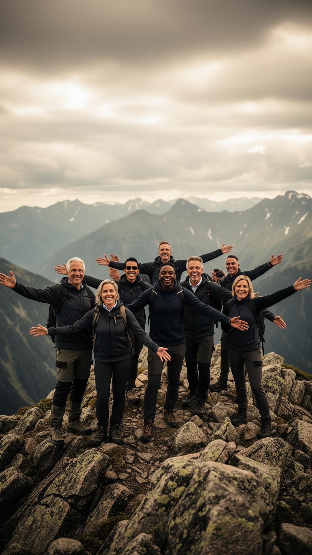 Group of business professionals smiling on a mountain summit